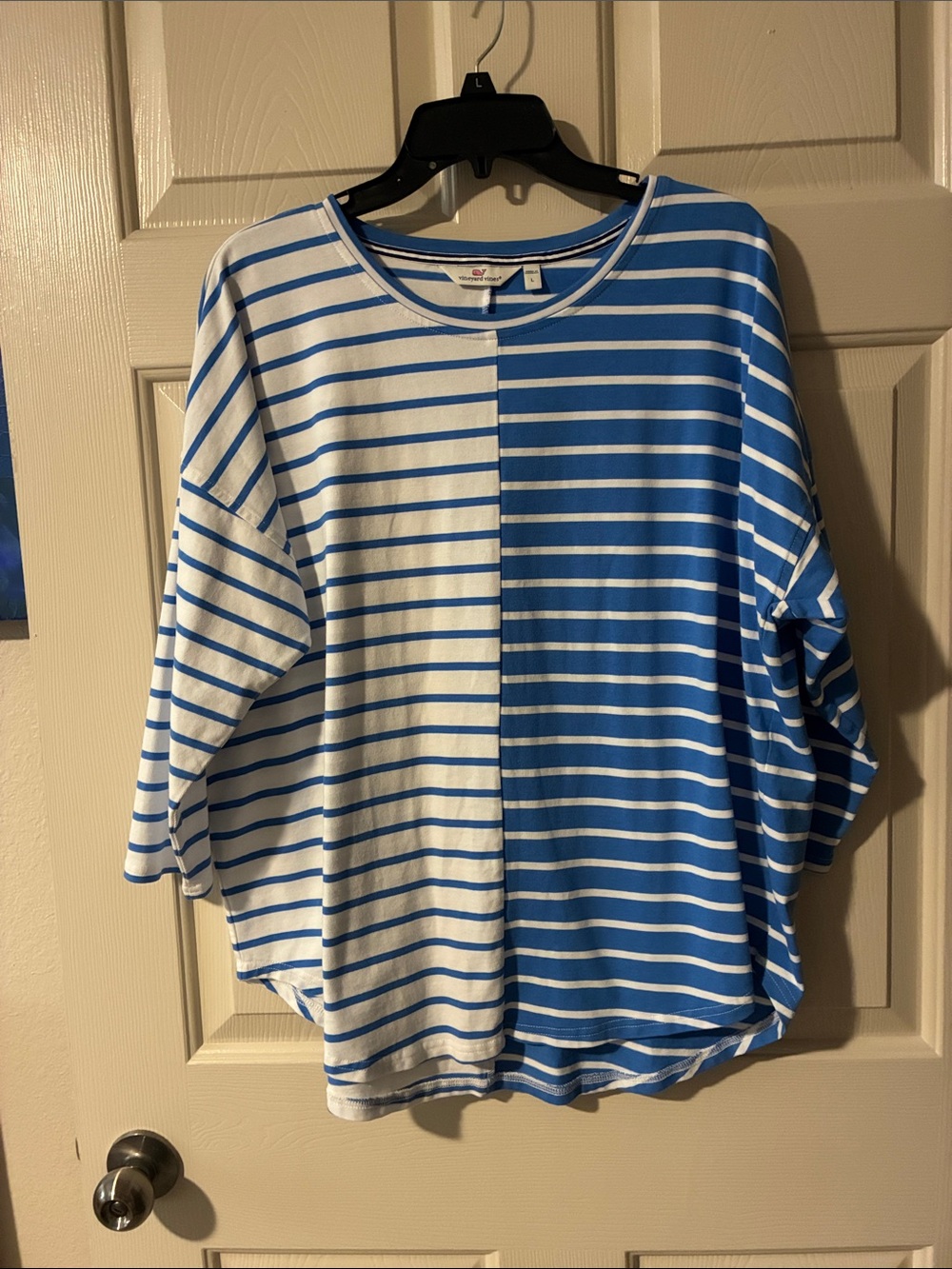 Vineyard Vines Blue & White Split-Stripe Elbow Length Sleeve Top